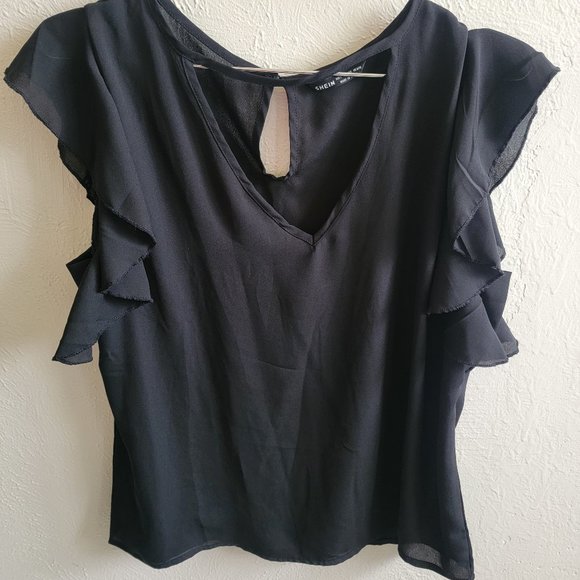 Large SHEIN Black Shiffon Ruffle Short Sleeve V-Neck Blouse - Picture 1 of 4